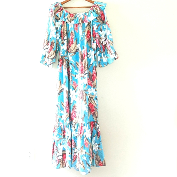 SOLD Hilo Hattie Dress XL Blue Floral Long Ruffle Maxi Tropical Flowy Hawaiian - Picture 3 of 4